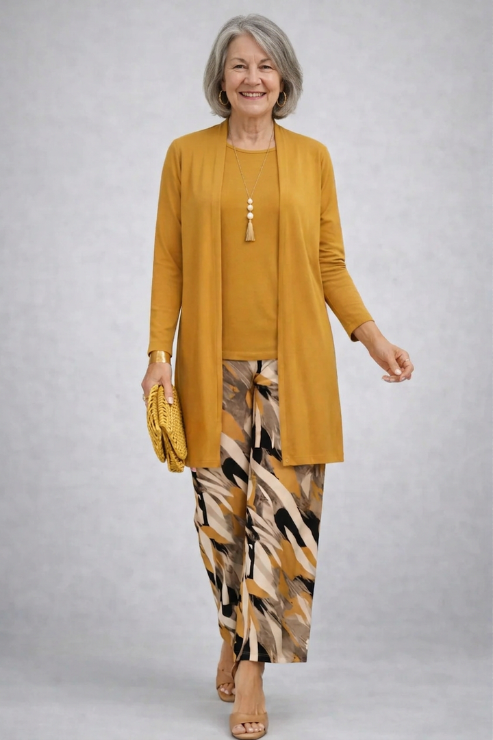 Faelina | Mustard Print-Trouser Three-Piece Set