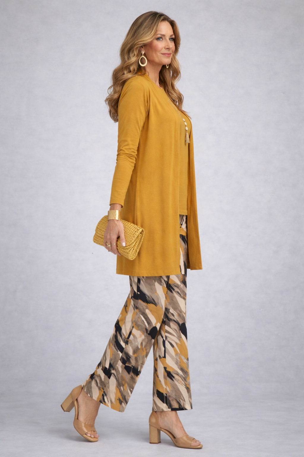 Faelina | Mustard Print-Trouser Three-Piece Set