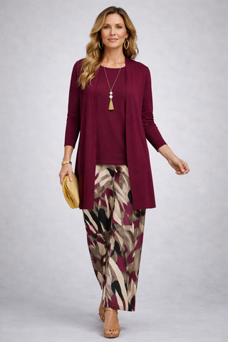 Fiamma | Burgundy Print-Trouser Three-Piece Set