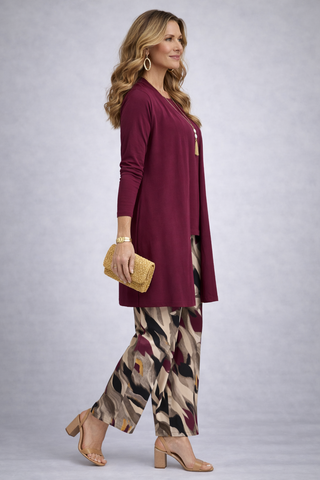 Fiamma | Burgundy Print-Trouser Three-Piece Set