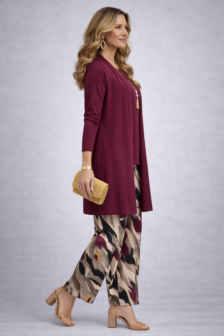 Fiamma | Burgundy Print-Trouser Three-Piece Set