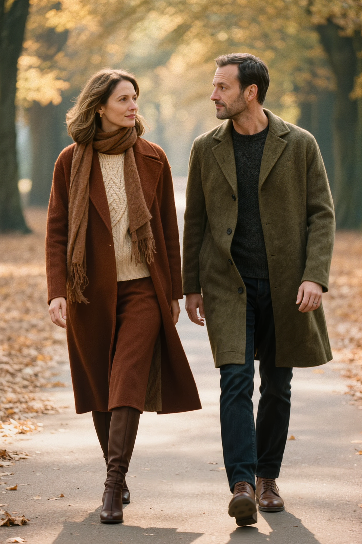 Couple walking on a tree-lined avenue in autumn wearing a wool coat and overcoat
