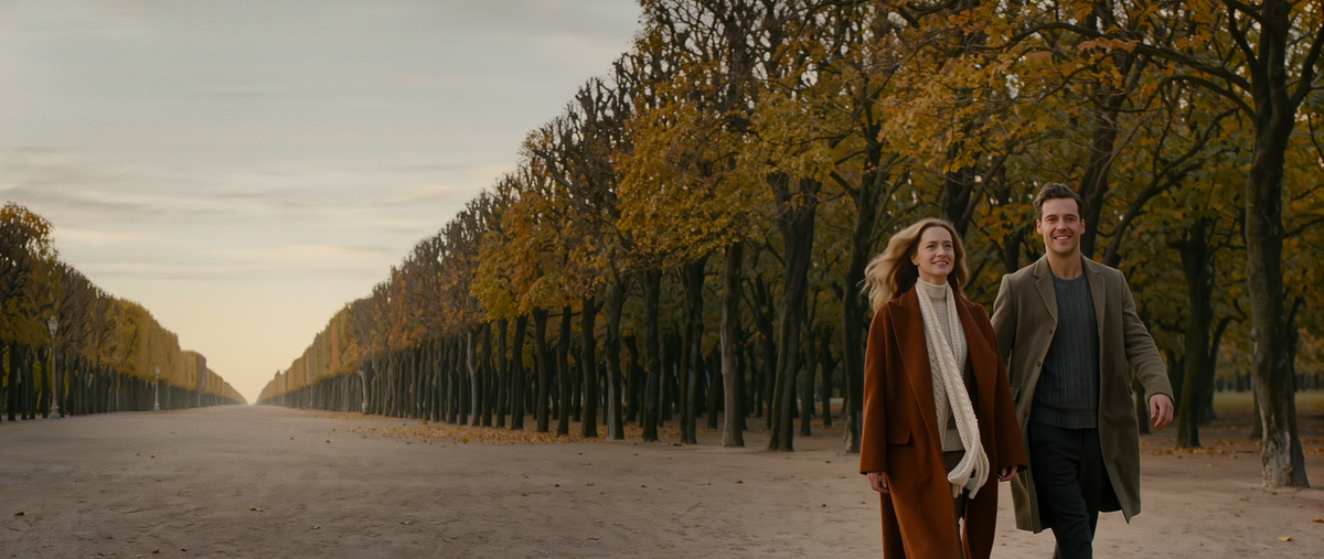 Couple in autumn coats walking down a tree-lined avenue