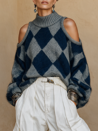 Imelda | Cold-Shoulder Argyle Turtleneck