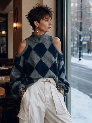 Imelda | Cold-Shoulder Argyle Turtleneck