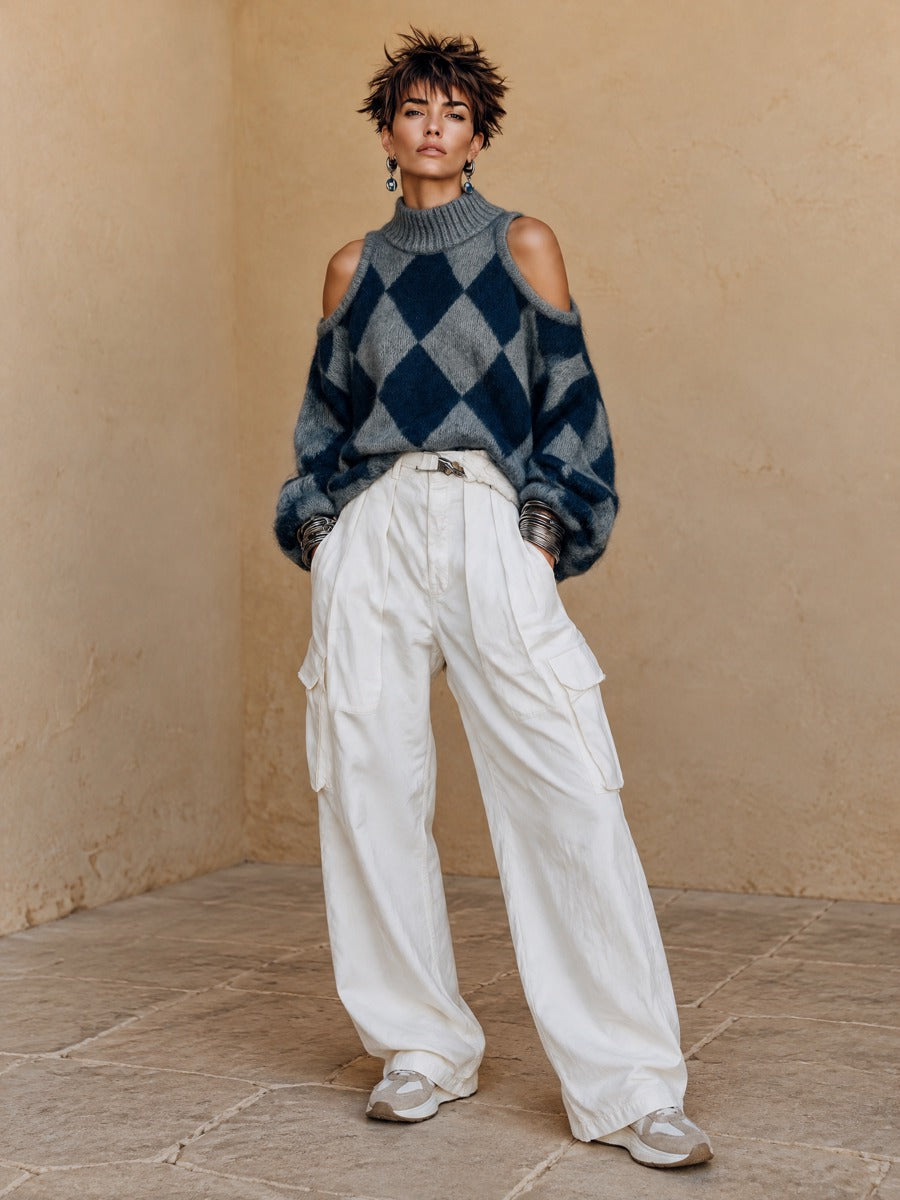 Imelda | Cold-Shoulder Argyle Turtleneck