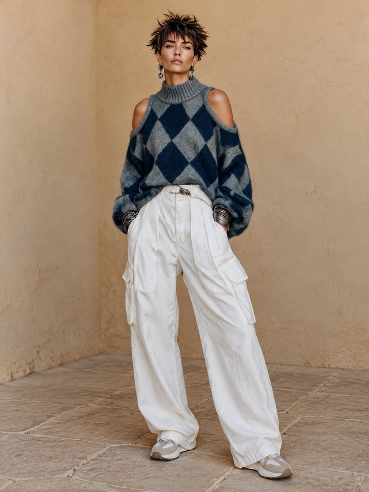 Imelda | Cold-Shoulder Argyle Turtleneck