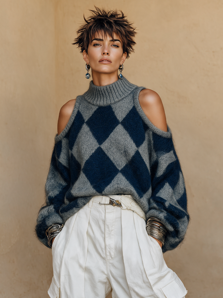 Imelda | Cold-Shoulder Argyle Turtleneck