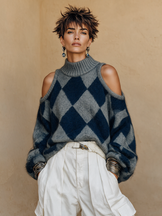 Imelda | Cold-Shoulder Argyle Turtleneck