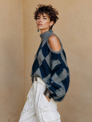 Imelda | Cold-Shoulder Argyle Turtleneck