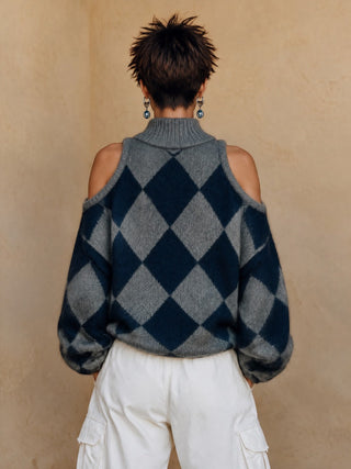 Imelda | Cold-Shoulder Argyle Turtleneck