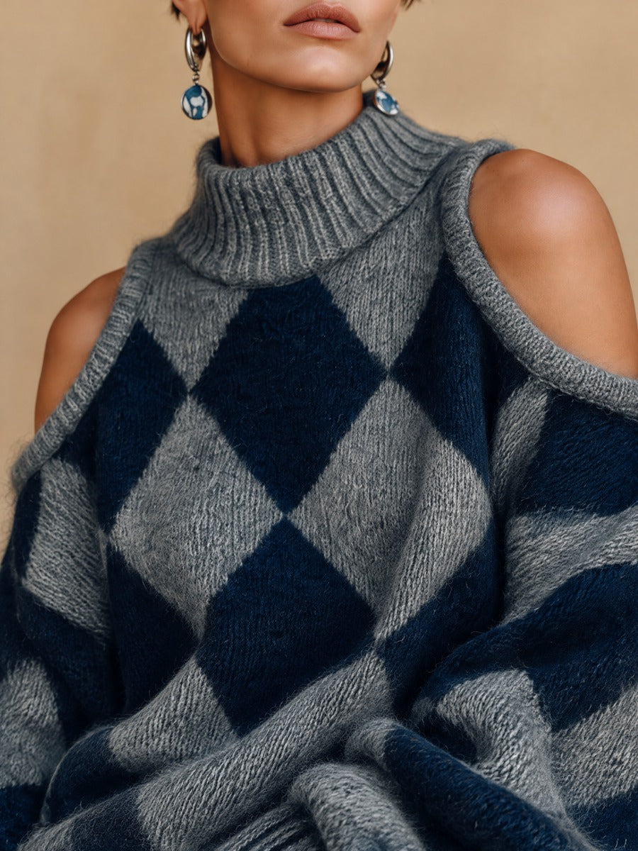 Imelda | Cold-Shoulder Argyle Turtleneck