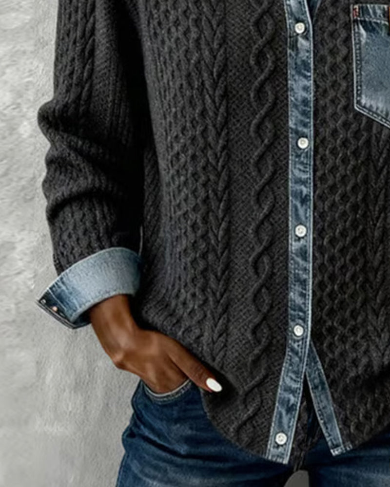 Josette | Cable-Knit Denim-Trim Cardigan