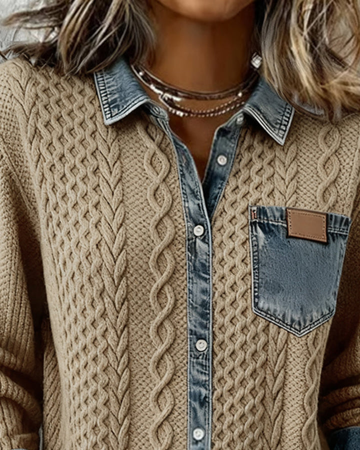 Josette | Cable-Knit Denim-Trim Cardigan