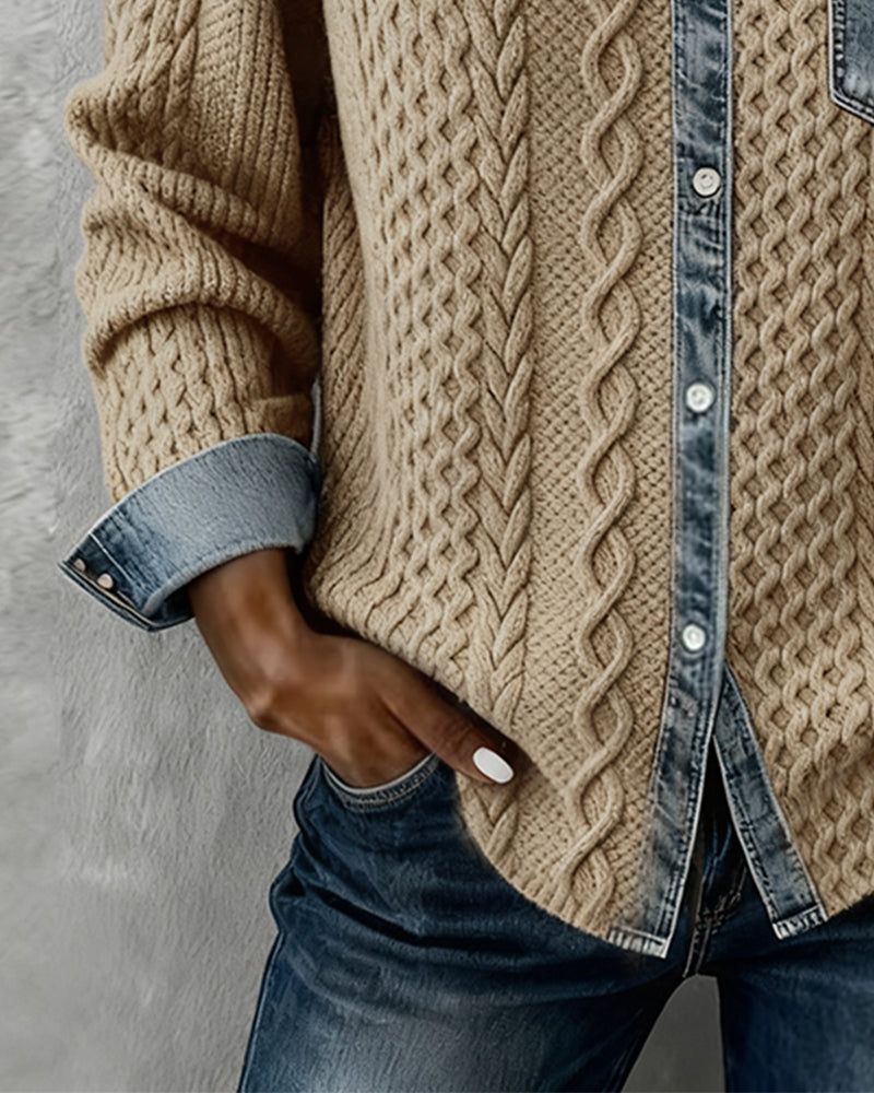 Josette | Cable-Knit Denim-Trim Cardigan