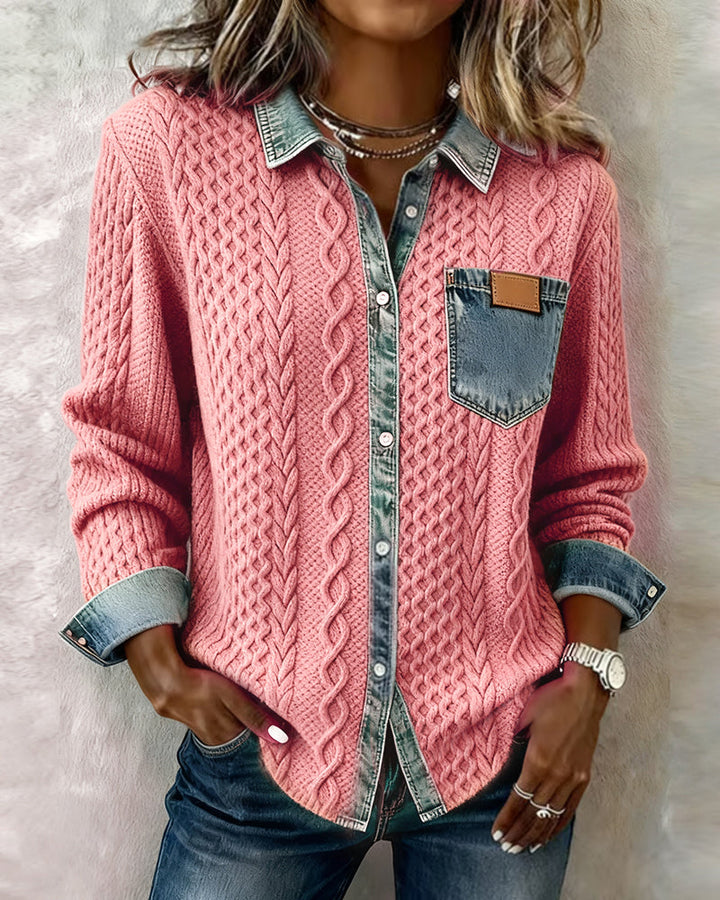 Josette | Cable-Knit Denim-Trim Cardigan