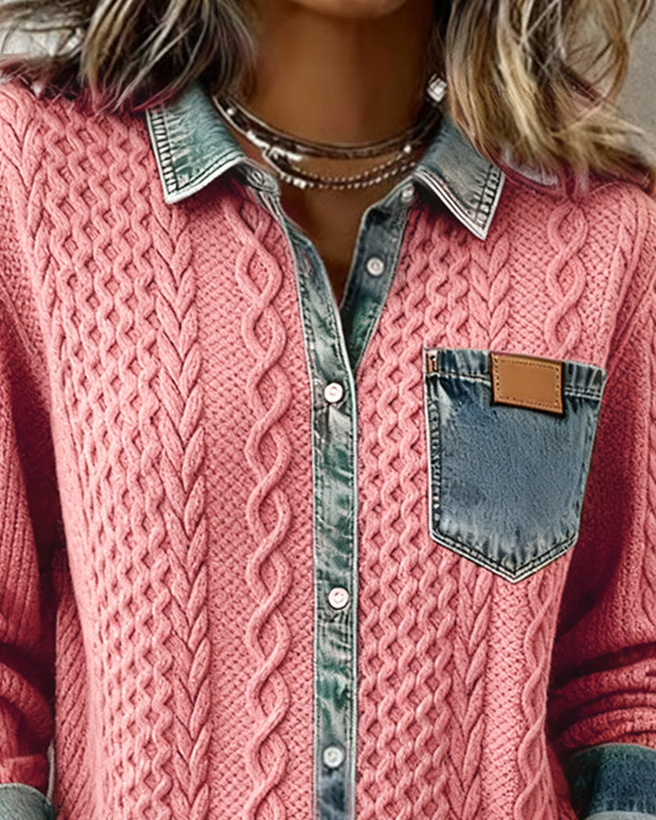 Josette | Cable-Knit Denim-Trim Cardigan