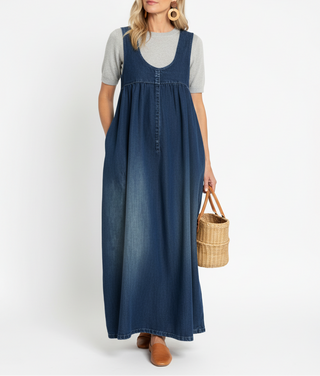 Karen | Washed Denim Pinafore Maxi Dress