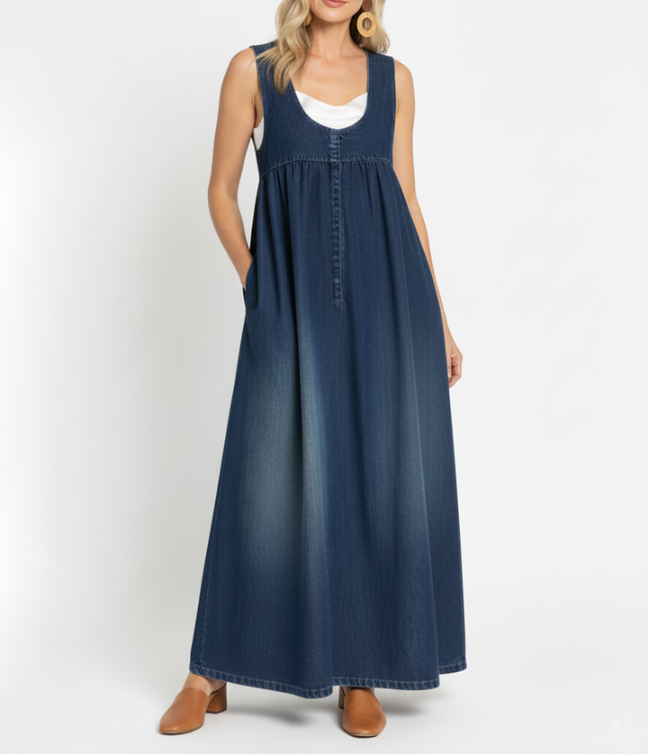 Karen | Washed Denim Pinafore Maxi Dress