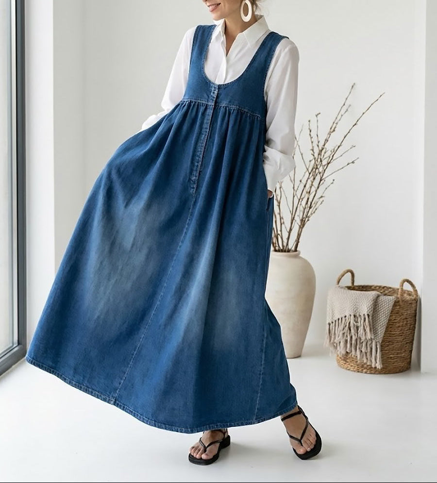 Karen | Washed Denim Pinafore Maxi Dress