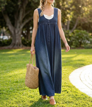 Karen | Washed Denim Pinafore Maxi Dress