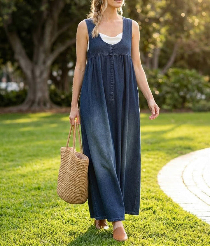 Karen | Washed Denim Pinafore Maxi Dress