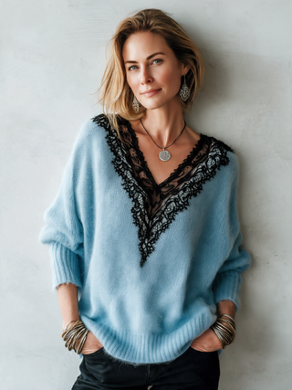 Kathleen | Lace-Trim V-Neck Sweater