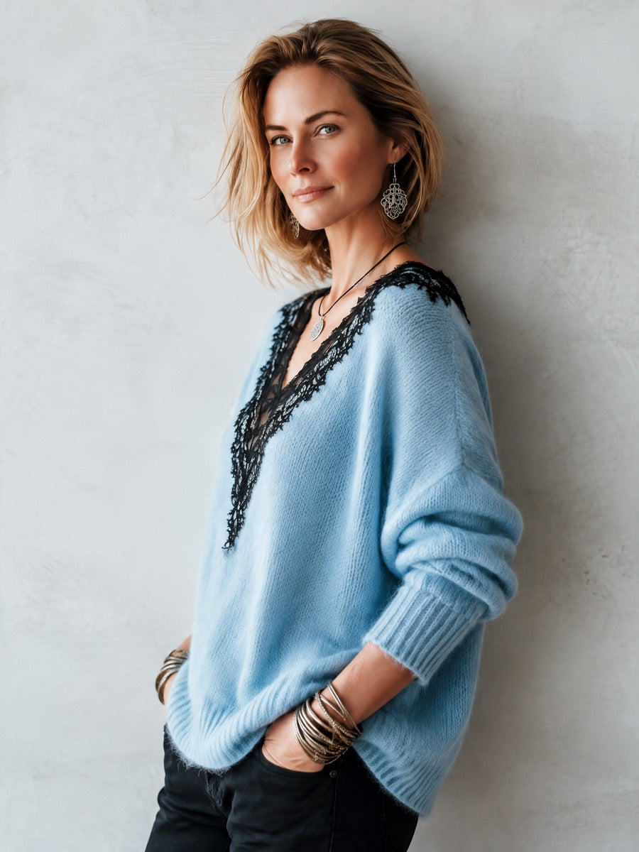 Kathleen | Lace-Trim V-Neck Sweater