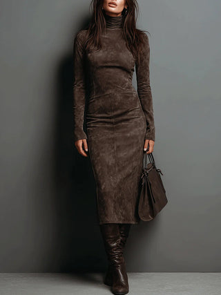 Lorène | High-Neck Suede-Look Midi Dress