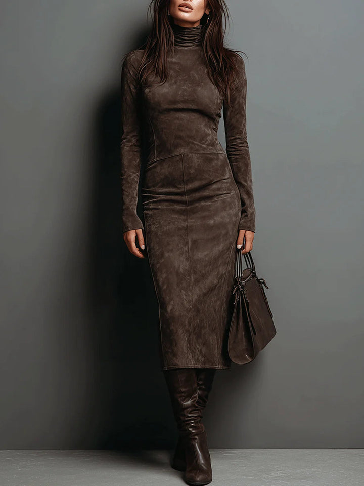 Lorène | High-Neck Suede-Look Midi Dress
