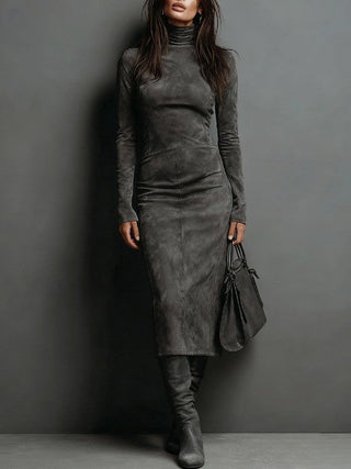 Lorène | High-Neck Suede-Look Midi Dress