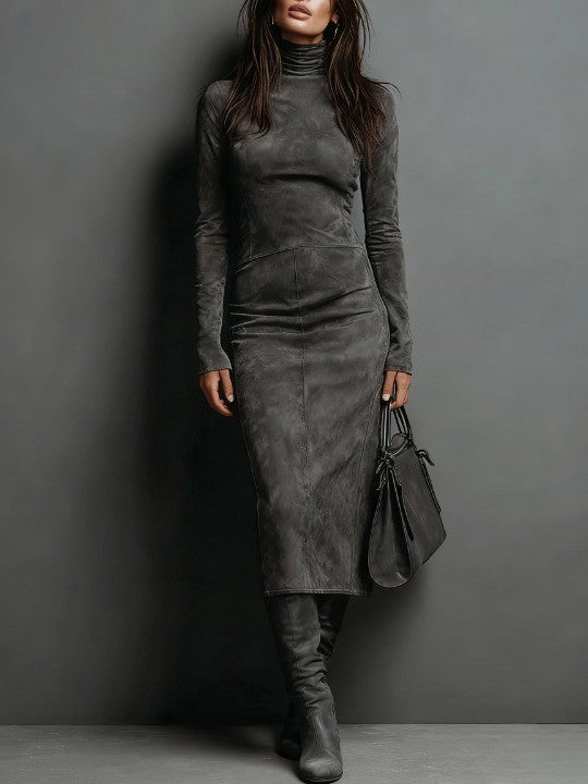 Lorène | High-Neck Suede-Look Midi Dress