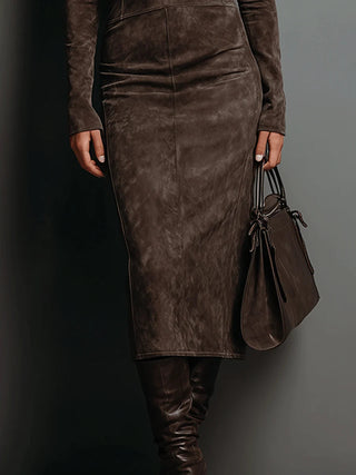 Lorène | High-Neck Suede-Look Midi Dress