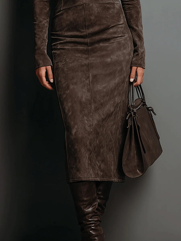 Lorène | High-Neck Suede-Look Midi Dress