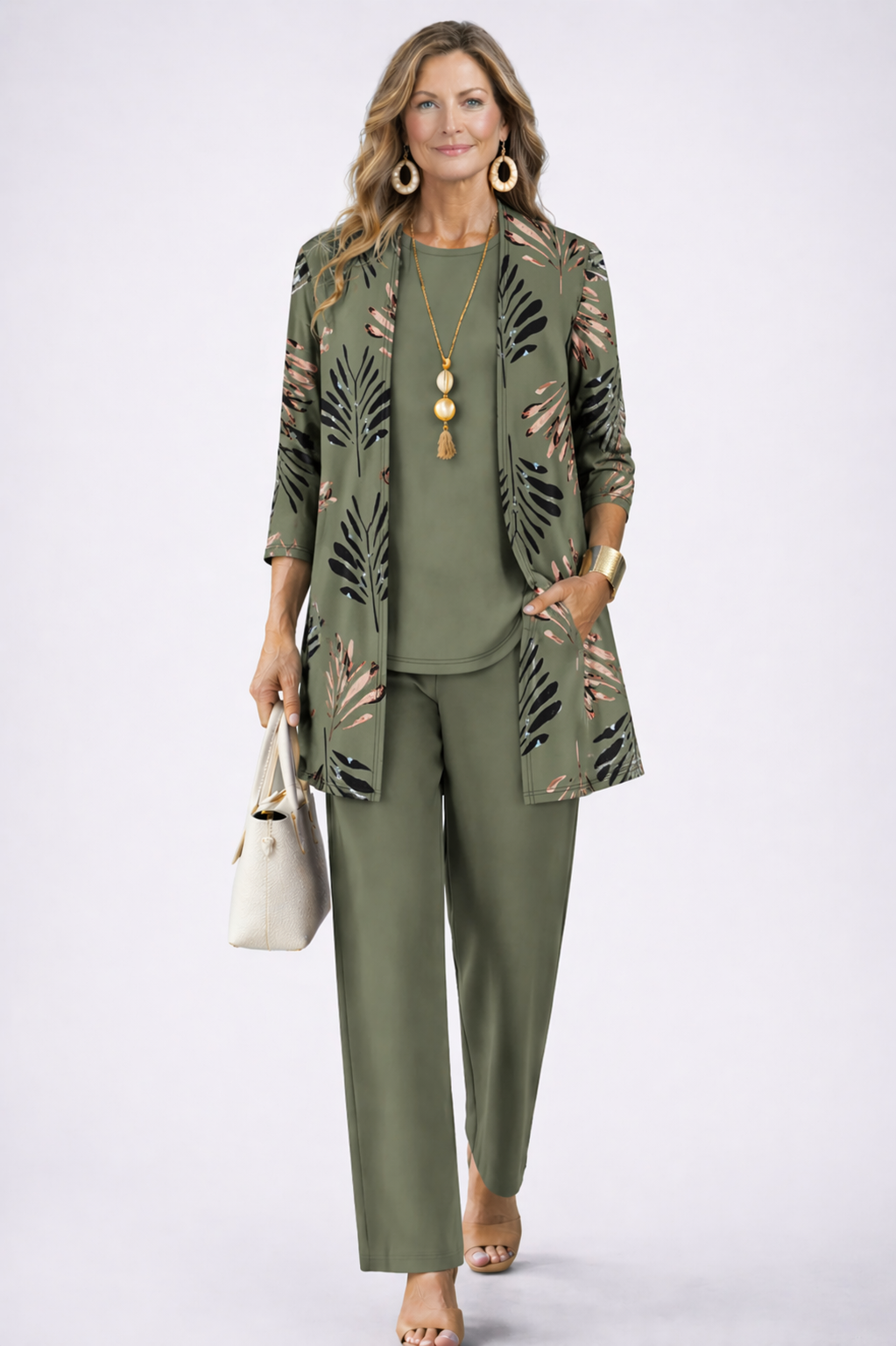 Maribel | Olive Leaf-Print Three-Piece Set