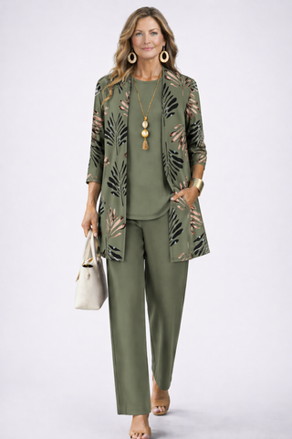 Maribel | Olive Leaf-Print Three-Piece Set