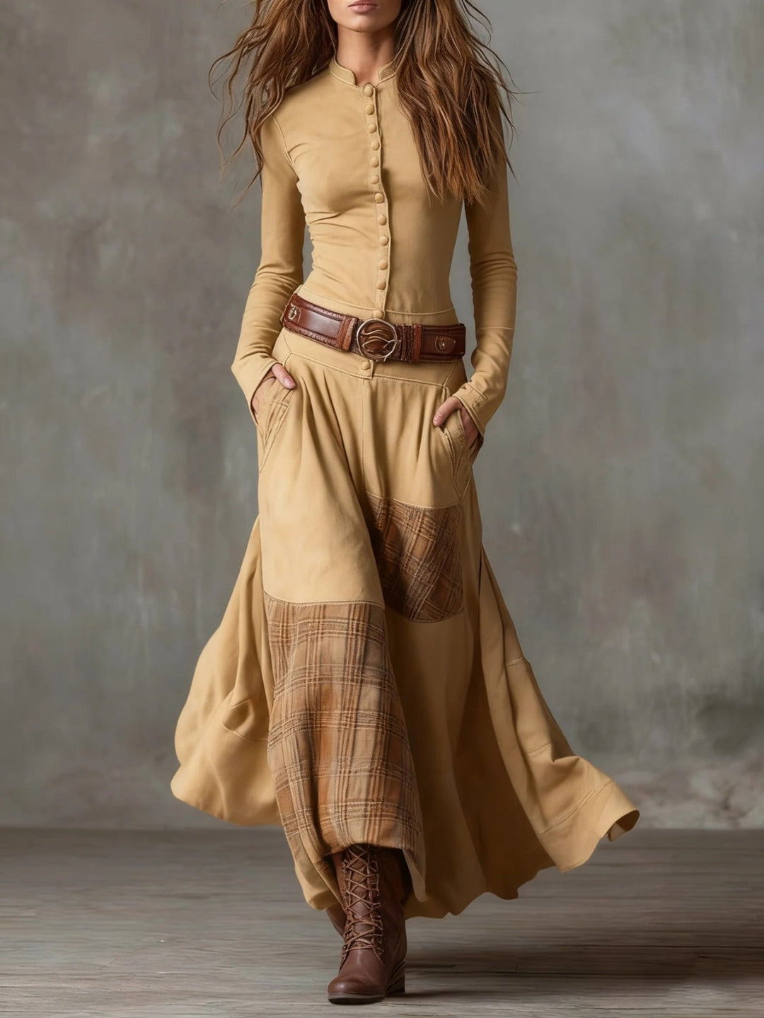 Mathilde | Patchwork Suede-Look Maxi Dress