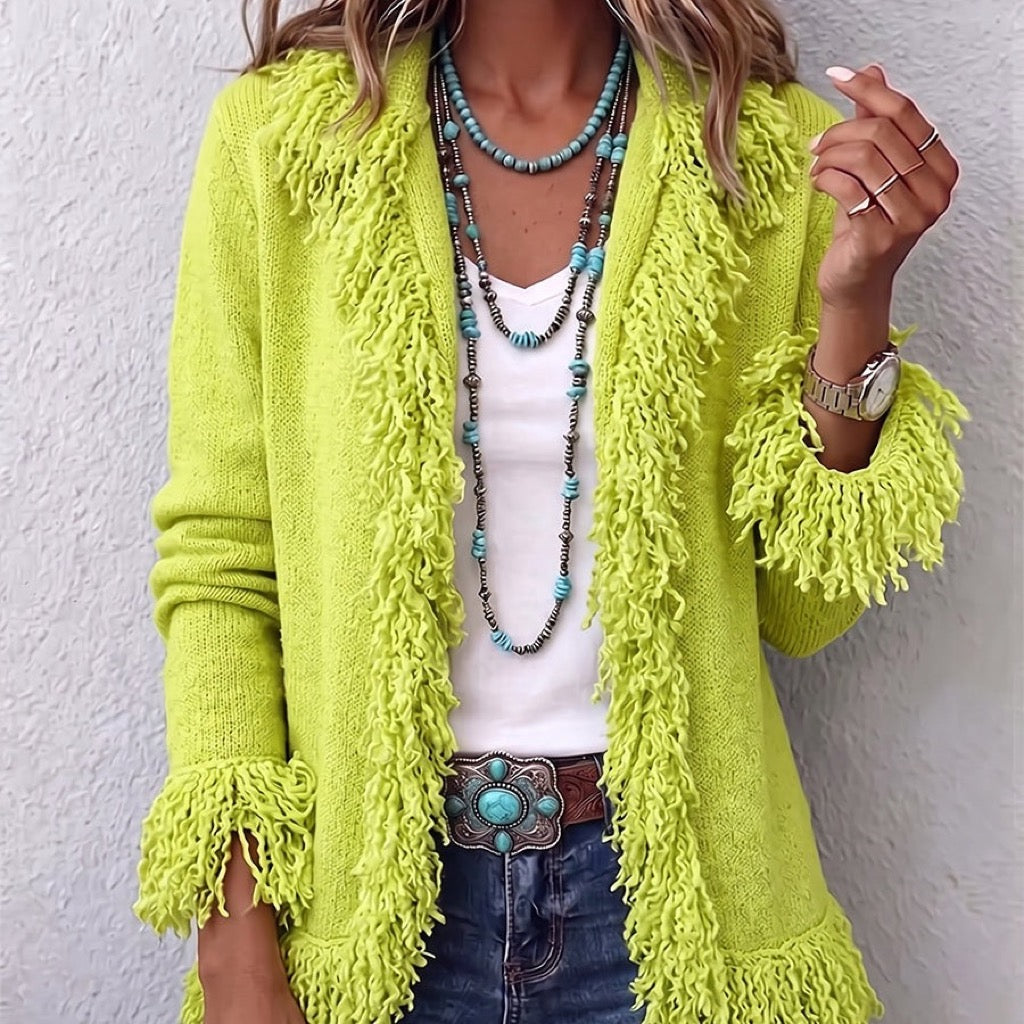 Vibrant Chartreuse Boho Fringe Cardigan