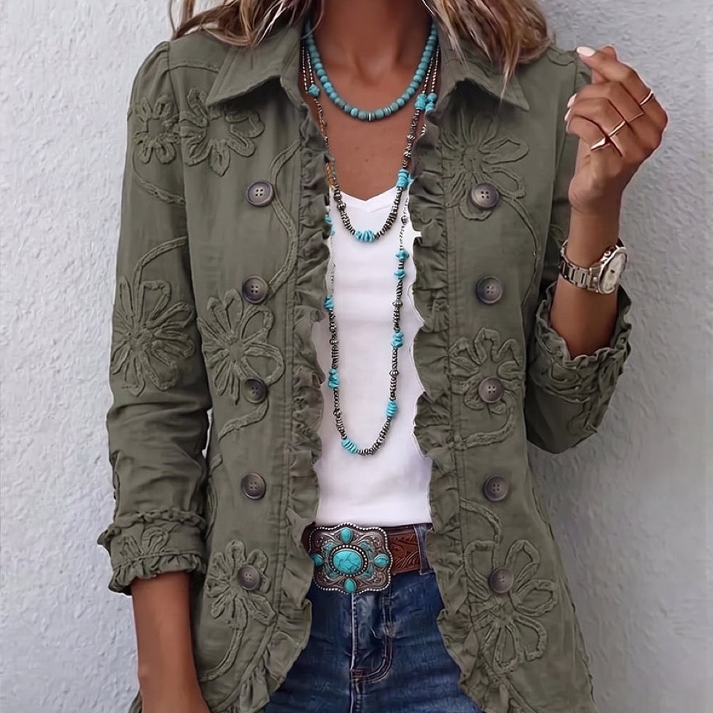 Boho-Chic Floral Embroidered Utility Ruffled Trim Jacket