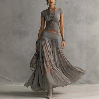 Odette | Lace-Panel Top & Pleated Skirt Set
