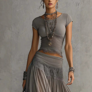 Odette | Lace-Panel Top & Pleated Skirt Set