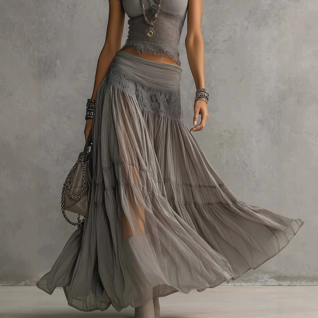 Odette | Lace-Panel Top & Pleated Skirt Set