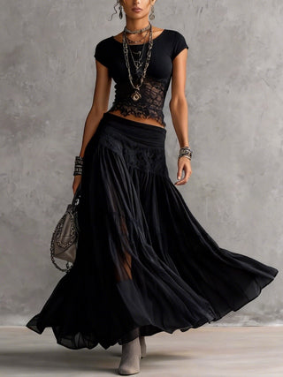 Odette | Lace-Panel Top & Pleated Skirt Set