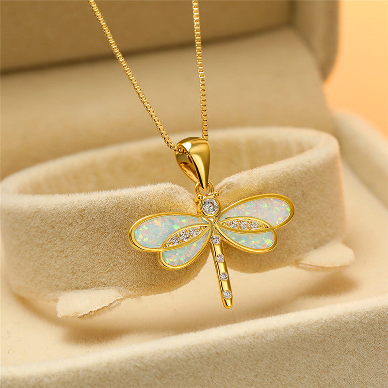 Opal-Look Dragonfly Necklace