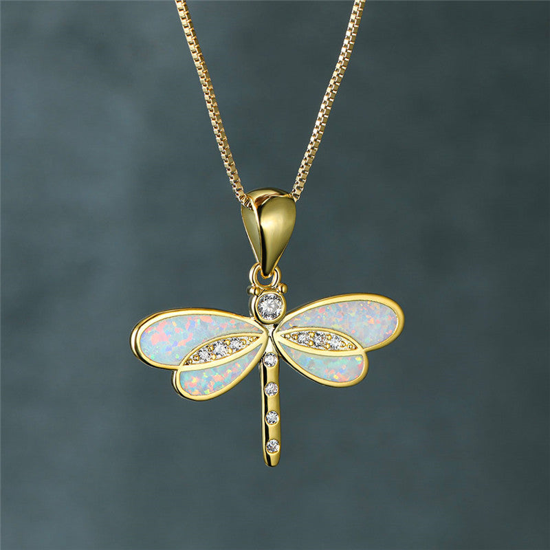 Opal-Look Dragonfly Necklace
