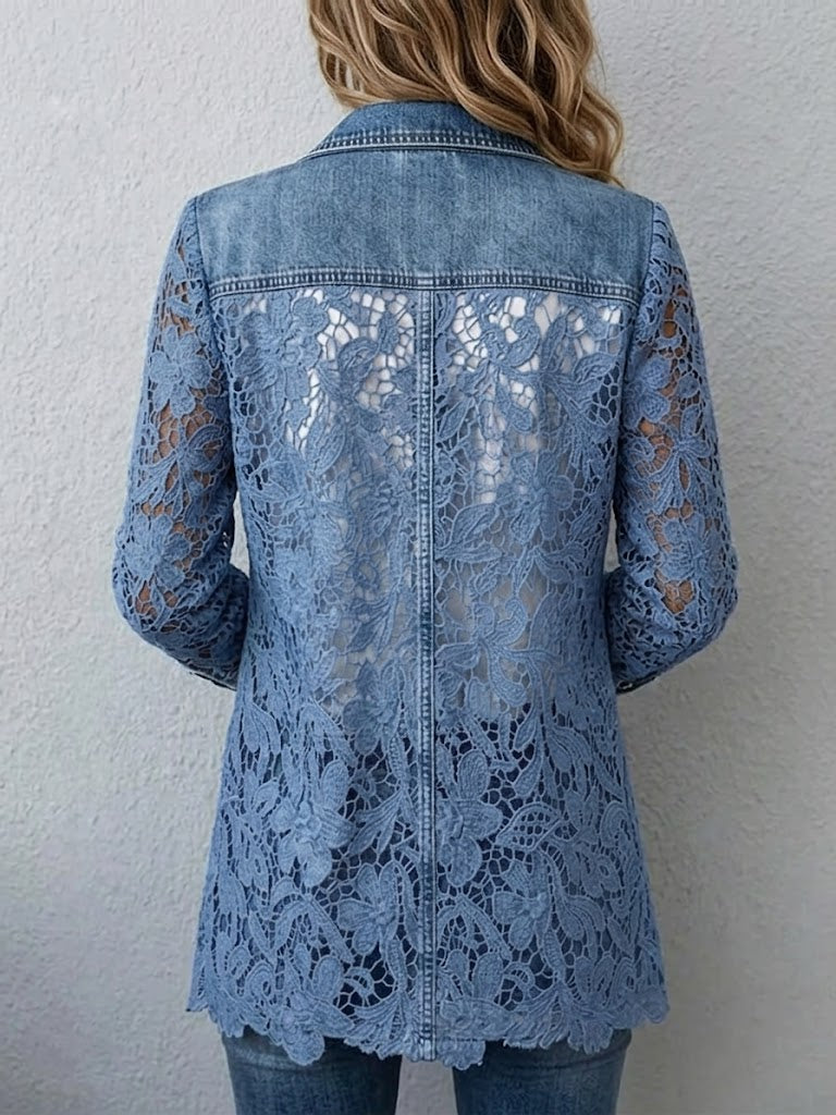 Stylish Casual Denim Jacket With Paneled 3D Lace Details