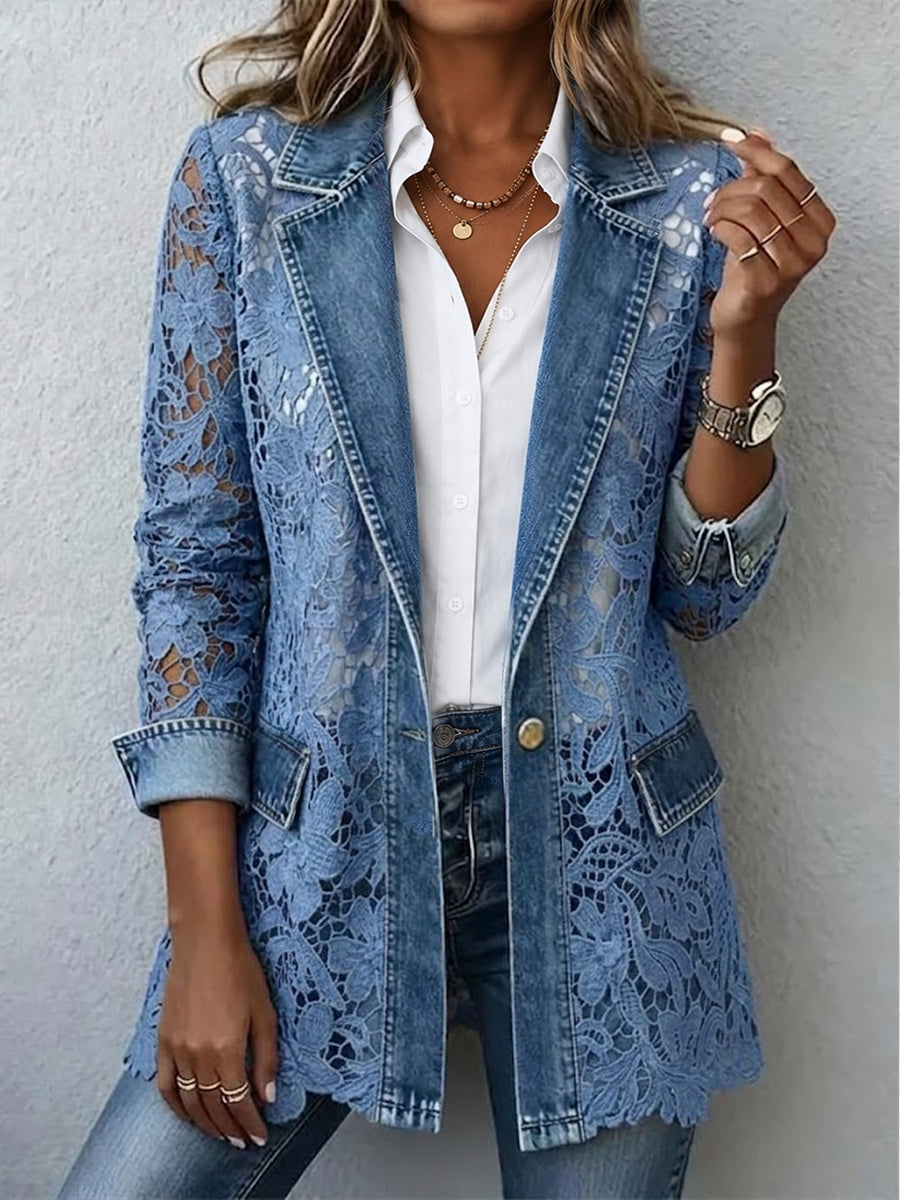 Stylish Casual Denim Jacket With Paneled 3D Lace Details