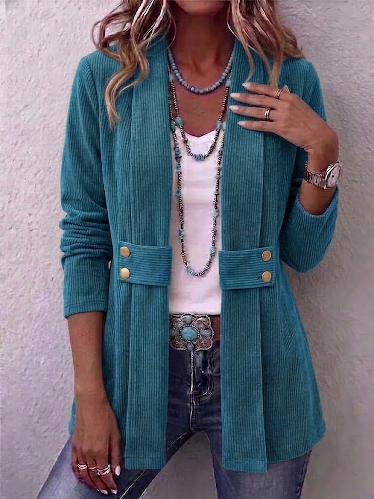 V-Neck Button-Front Ribbed Corduroy Jacket