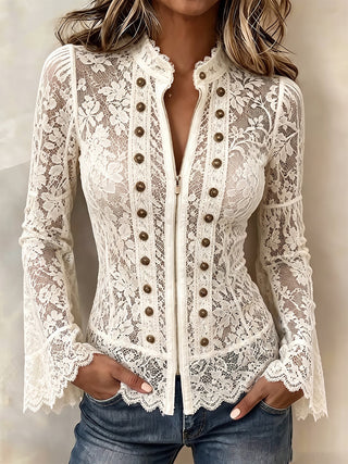 Romantic Vintage Lace Zip-Up Top