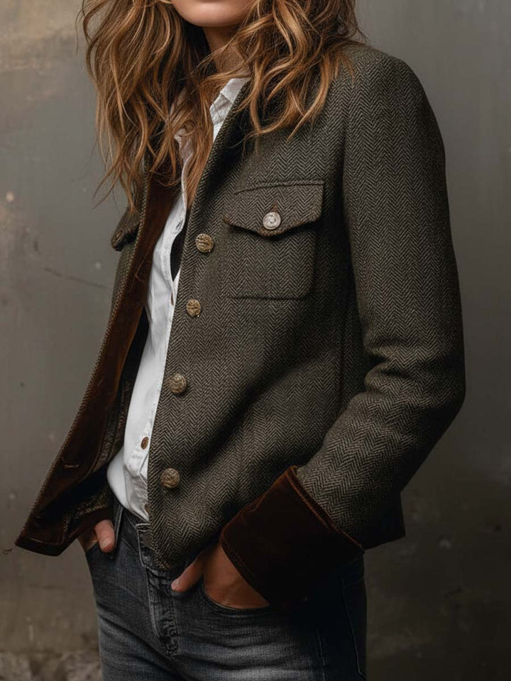 Rowena | Contrast-Trim Herringbone Blazer